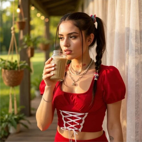 Love Mon Maison Lace-Up Red Crop Top w/ Puff Sleeves & Corset Detail M - Picture 2 of 4